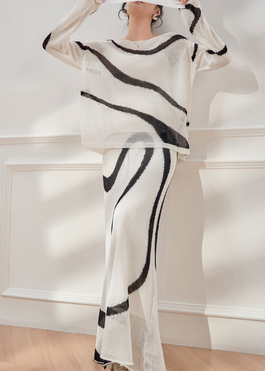 Handmade Colorblock Striped Knit Top And Maxi Skirts Two Pieces Set Spring