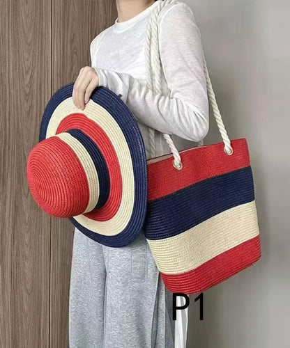 Handmade Colorblock Striped Straw Woven Floppy Sun Hat And Shoulder Handbag Two Pieces Set