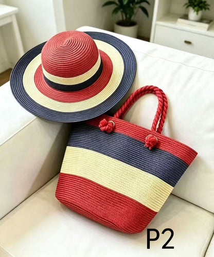 Handmade Colorblock Striped Straw Woven Floppy Sun Hat And Shoulder Handbag Two Pieces Set