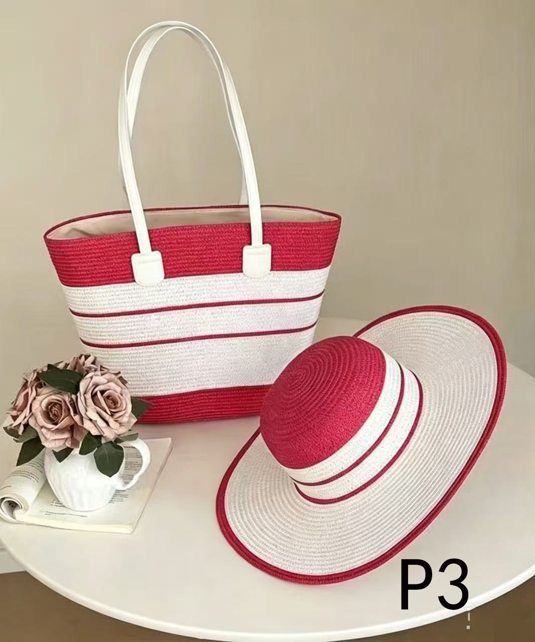 Handmade Colorblock Striped Straw Woven Floppy Sun Hat And Shoulder Handbag Two Pieces Set