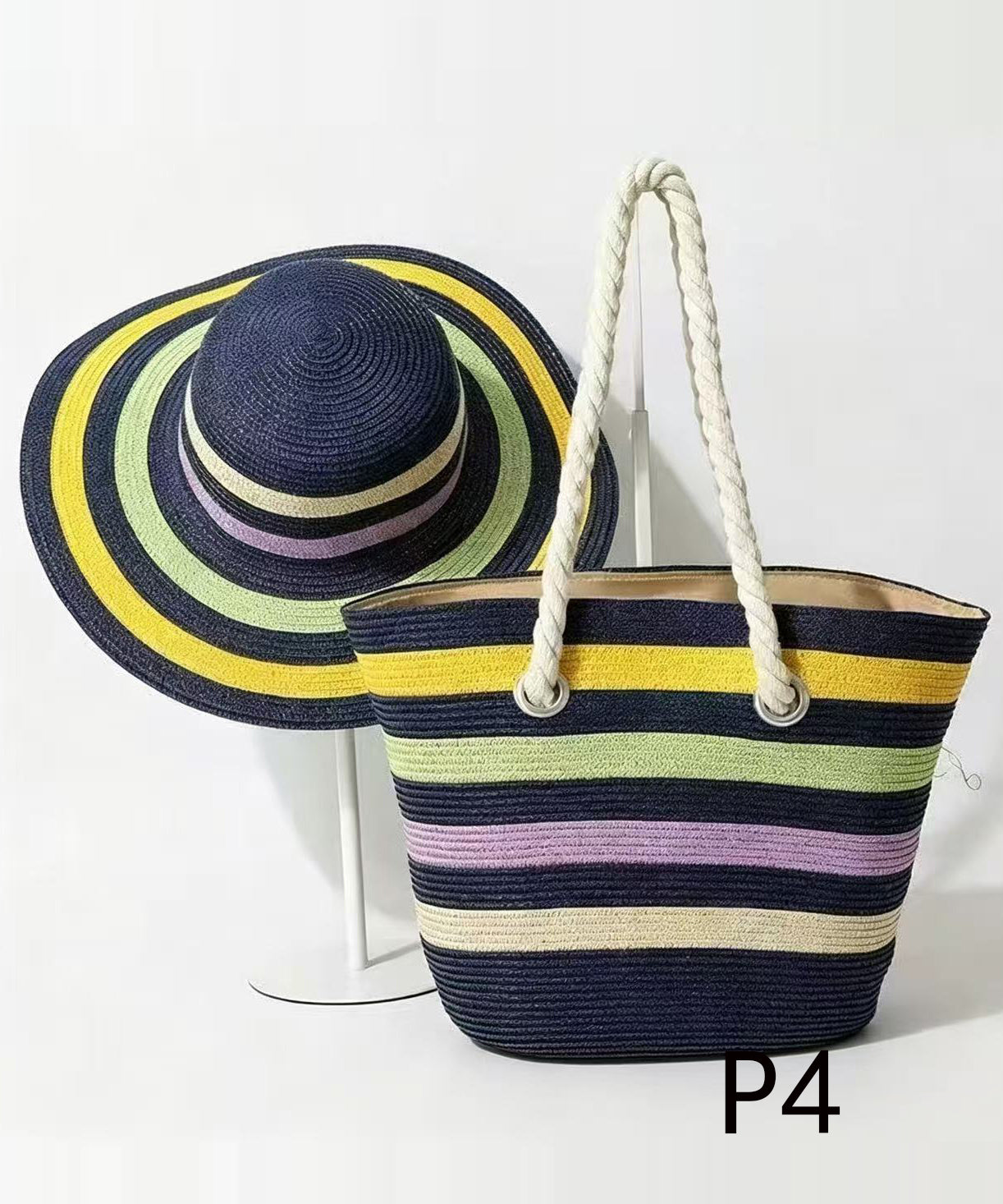 Handmade Colorblock Striped Straw Woven Floppy Sun Hat And Shoulder Handbag Two Pieces Set