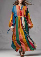Load image into Gallery viewer, Handmade Colorblock Wrinkled Patchwork Cotton Long Dress Lantern Sleeve