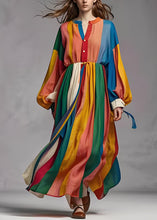 Load image into Gallery viewer, Handmade Colorblock Wrinkled Patchwork Cotton Long Dress Lantern Sleeve
