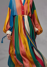 Load image into Gallery viewer, Handmade Colorblock Wrinkled Patchwork Cotton Long Dress Lantern Sleeve