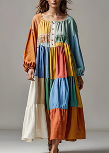 Handmade ColorblockU Neck Wrinkled Patchwork Cotton Dresses Summer
