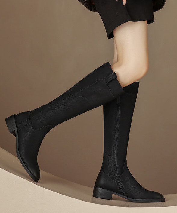 Handmade Cowhide Leather Black Boots Knee Boots