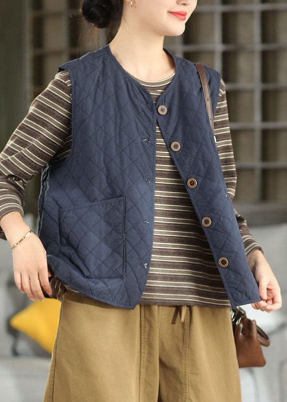 Handmade Dark Blue V Neck Pockets Patchwork Warm Waistcoat Sleeveless