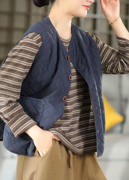 Handmade Dark Blue V Neck Pockets Patchwork Warm Waistcoat Sleeveless