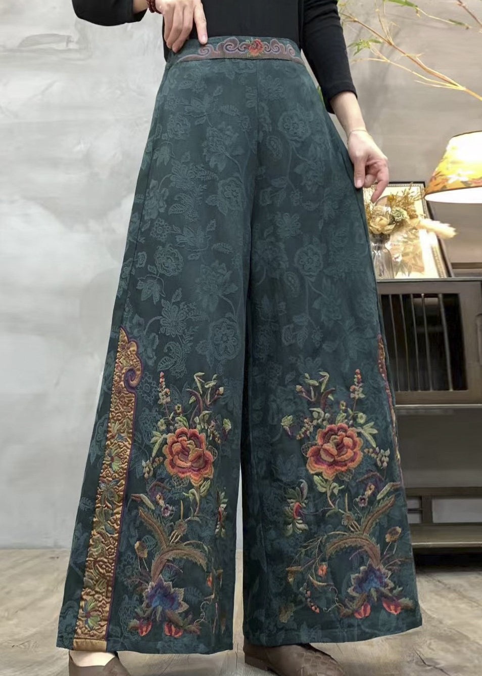 Handmade Dark Green Embroidered Jacquard Cotton Pants Spring