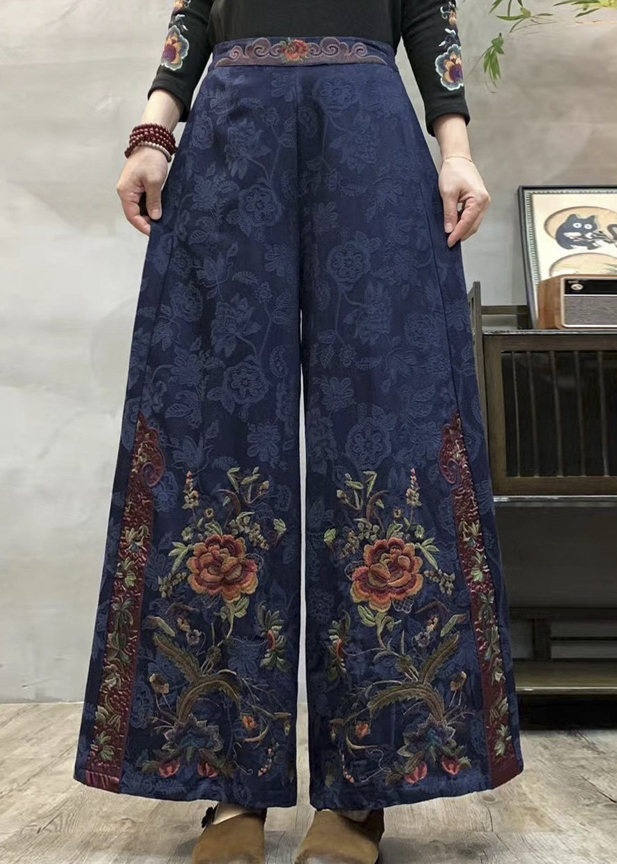 Handmade Dark Green Embroidered Jacquard Cotton Pants Spring