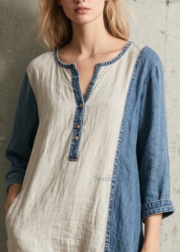 Handmade Denim Blue Oversized Patchwork Cotton Dresses Bracelet Sleeve
