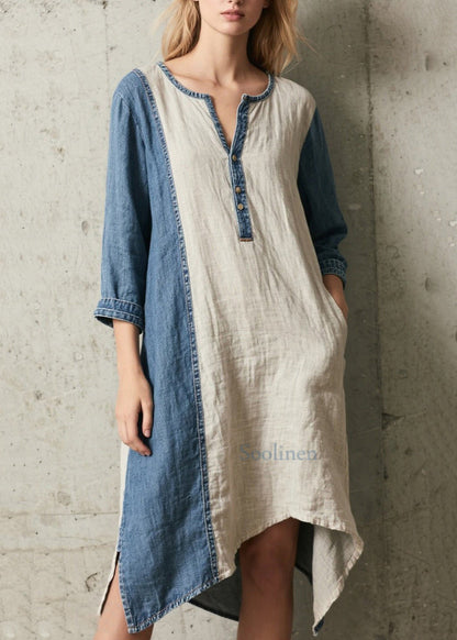 Handmade Denim Blue Oversized Patchwork Cotton Dresses Bracelet Sleeve