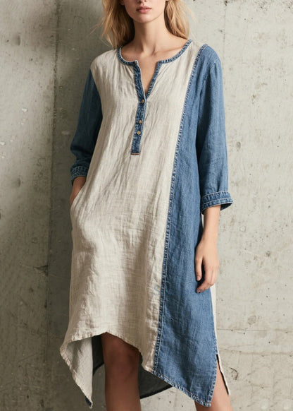 Handmade Denim Blue Oversized Patchwork Cotton Dresses Bracelet Sleeve