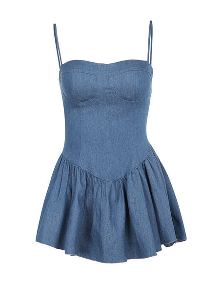 Handmade Denim Blue Patchwork Mini Spaghetti Strap Dress Summer