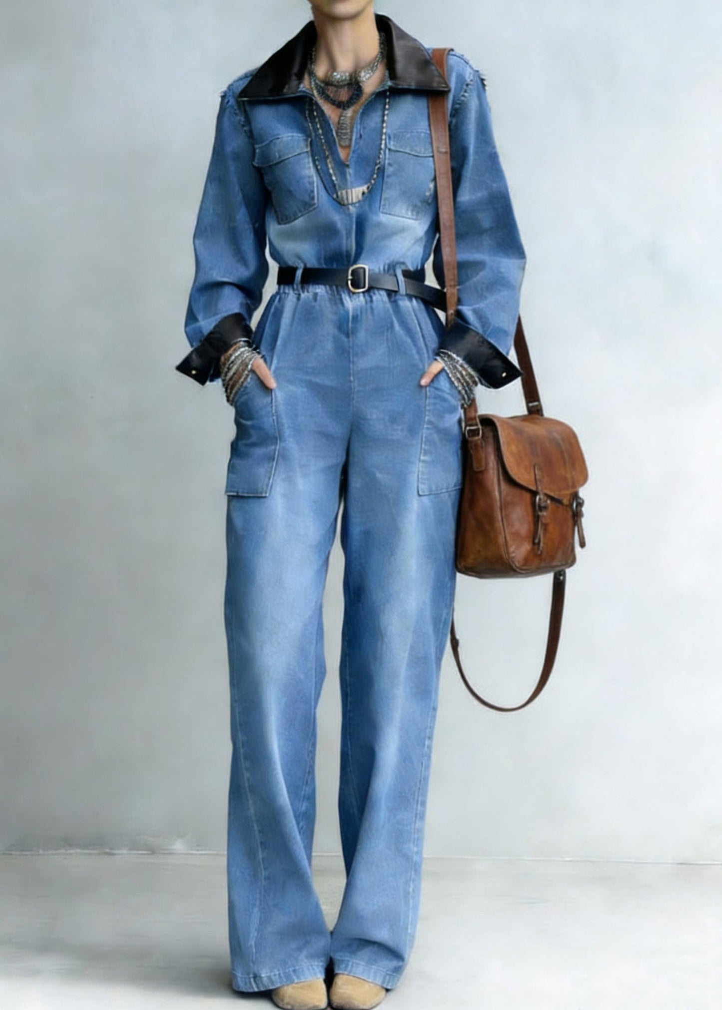 Handmade Denim Blue Peter Pan Collar Patchwork Jumpsuit Spring