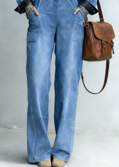 Handmade Denim Blue Peter Pan Collar Patchwork Jumpsuit Spring