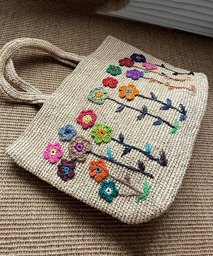Handmade Embroidered Large Capacity Straw Woven Tote Bag