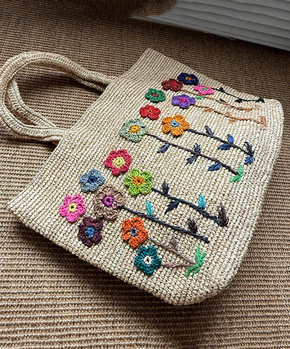 Handmade Embroidered Large Capacity Straw Woven Tote Bag