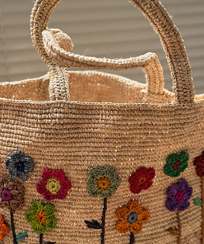 Handmade Embroidered Large Capacity Straw Woven Tote Bag