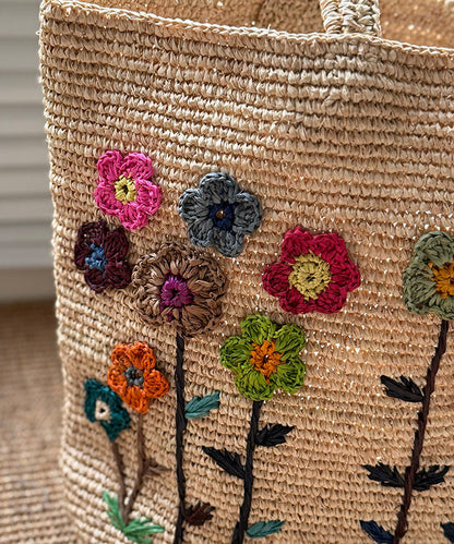 Handmade Embroidered Large Capacity Straw Woven Tote Bag