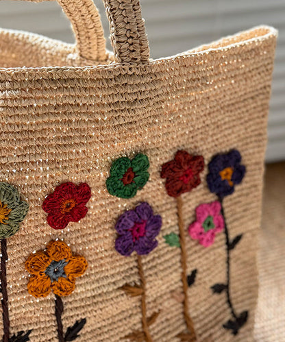 Handmade Embroidered Large Capacity Straw Woven Tote Bag