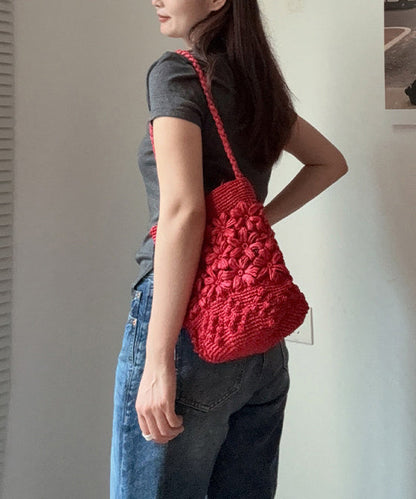 Handmade Floral Straw Woven Red Shoulder Bucket Bag