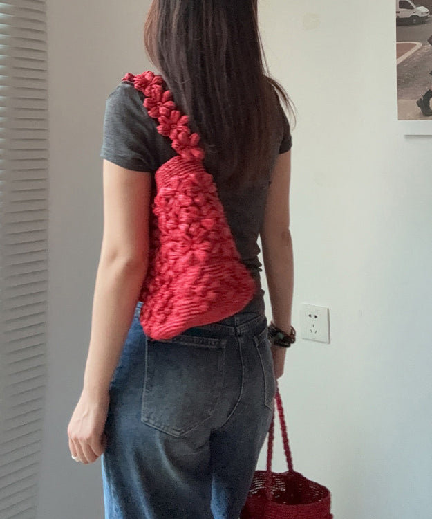Handmade Floral Straw Woven Red Shoulder Bucket Bag