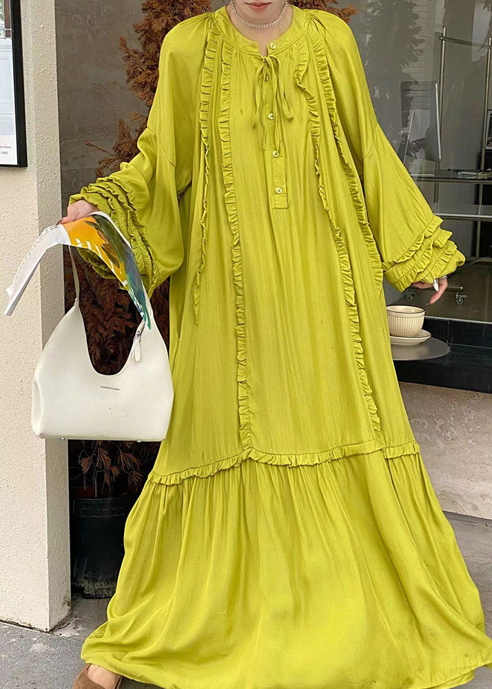 Handmade Fluorescent Green Ruffled Oversized Cotton Vacation Dresses Fall
