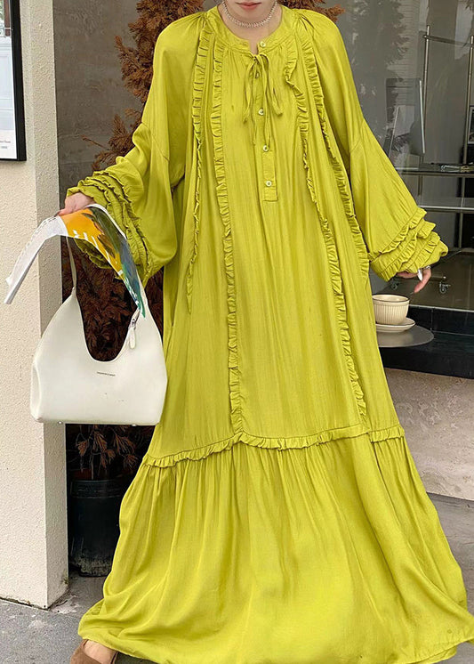 Handmade Fluorescent Green Ruffled Oversized Cotton Vacation Dresses Fall