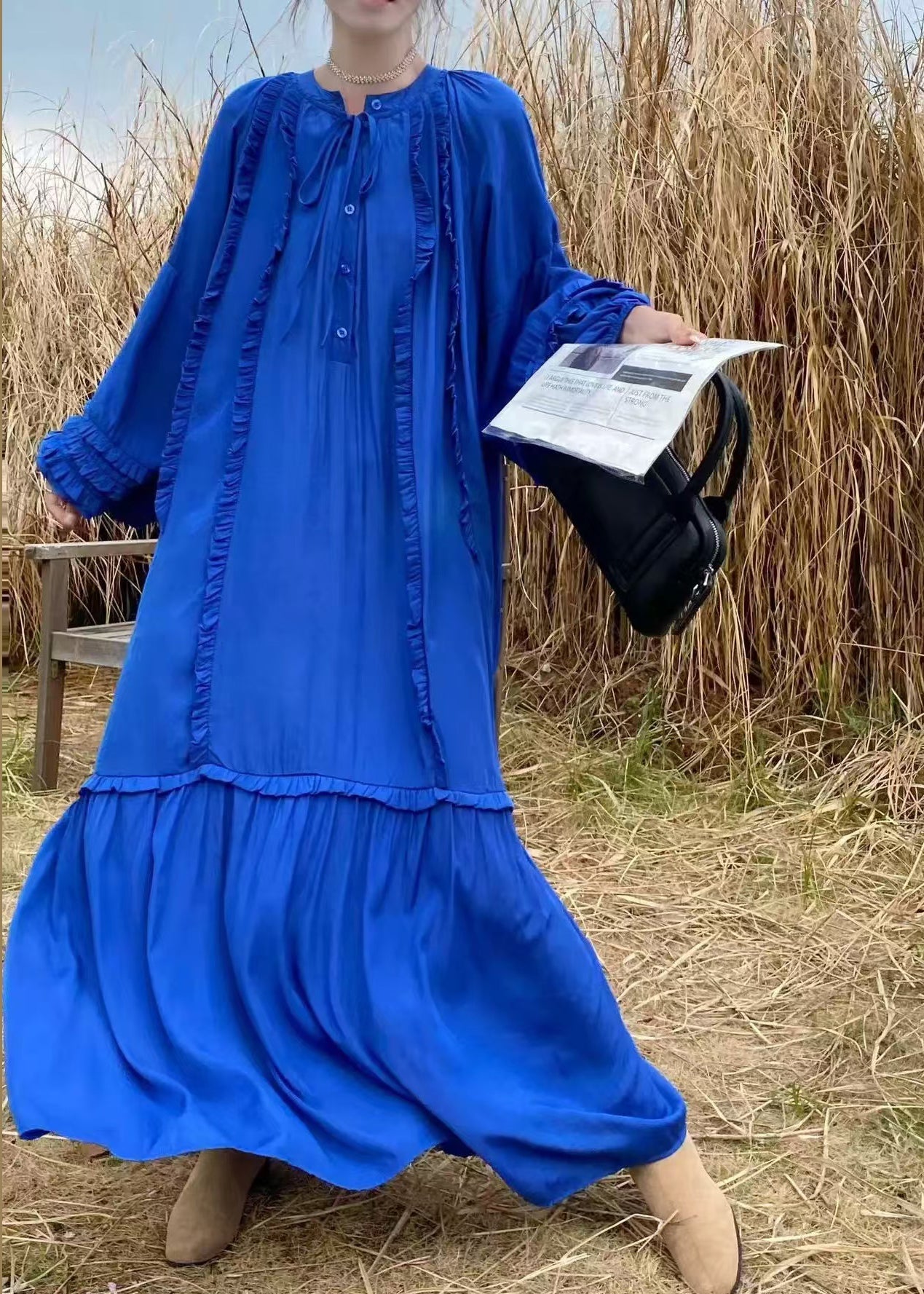 Handmade Fluorescent Green Ruffled Oversized Cotton Vacation Dresses Fall