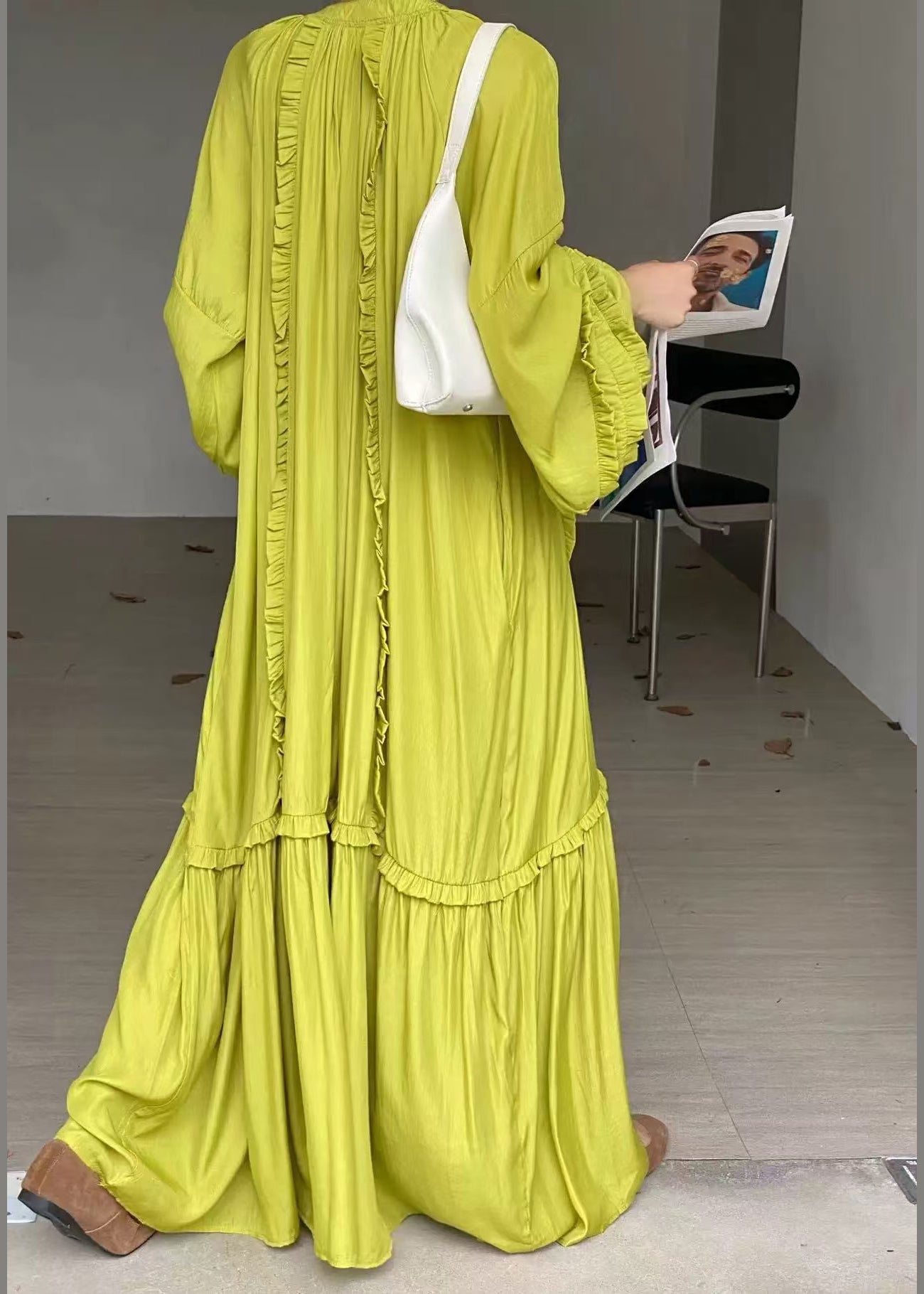 Handmade Fluorescent Green Ruffled Oversized Cotton Vacation Dresses Fall