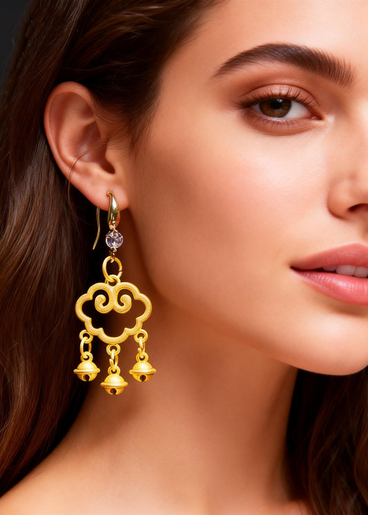 Handmade Golden Auspicious Clouds Small Bell Drop Earrings