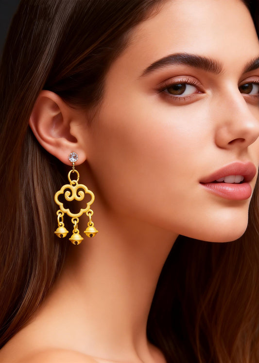 Handmade Golden Auspicious Clouds Small Bell Drop Earrings