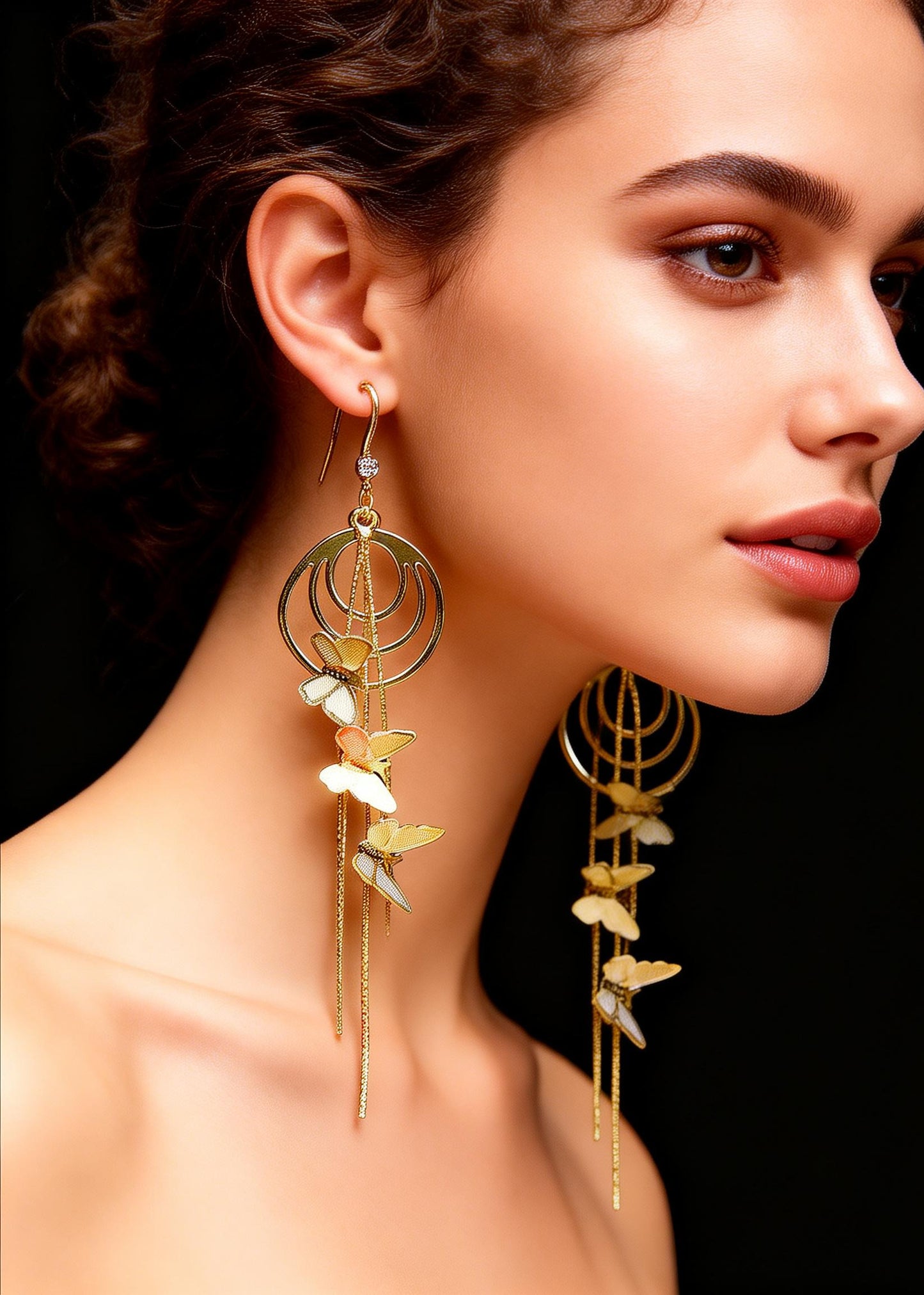 Handmade Golden Butterfly Long Tassels Drop Earrings