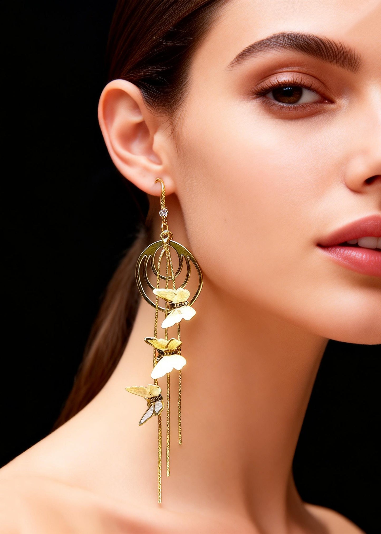 Handmade Golden Butterfly Long Tassels Drop Earrings