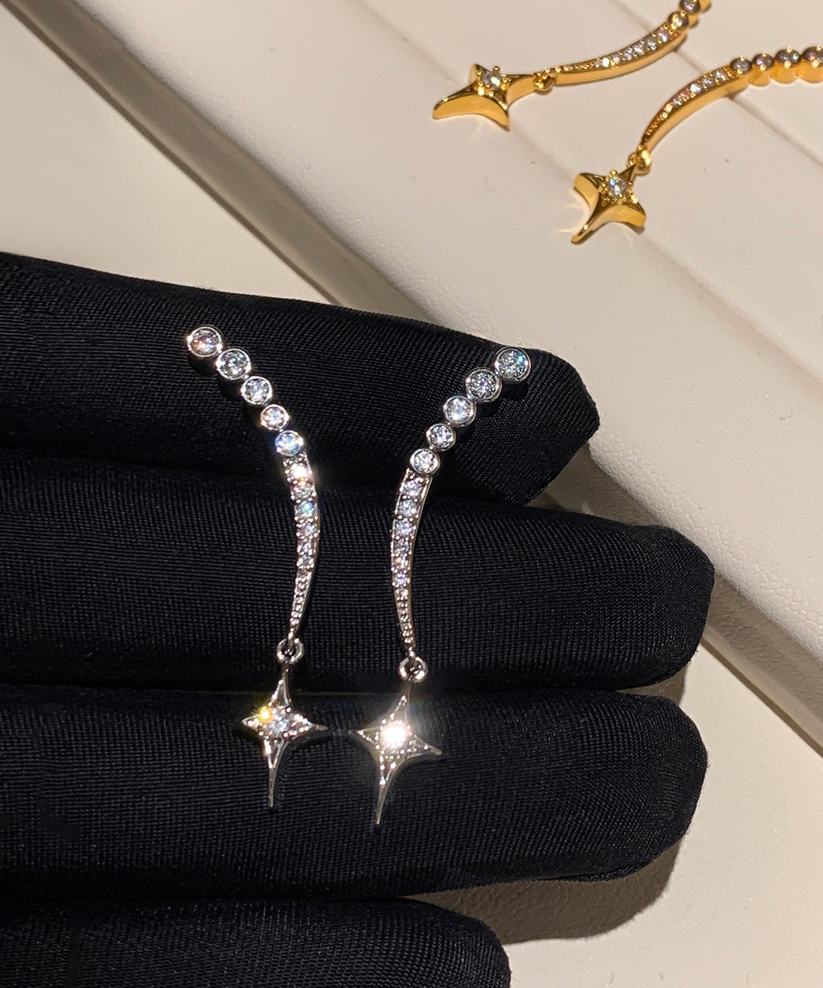 Handmade Golden Star Tasseled Zircon Drop Earrings