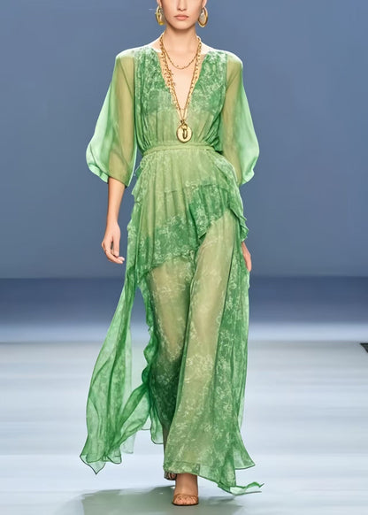 Handmade Grass Green Cinched Print Chiffon Long Dress Summer