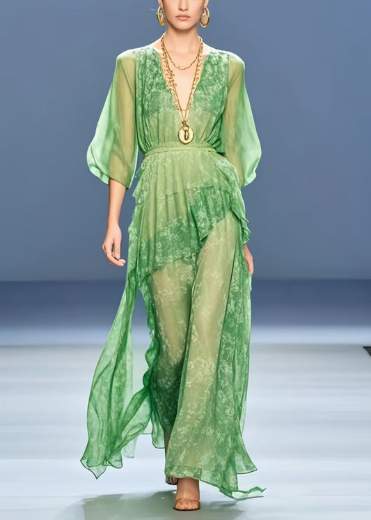 Handmade Grass Green Cinched Print Chiffon Long Dress Summer