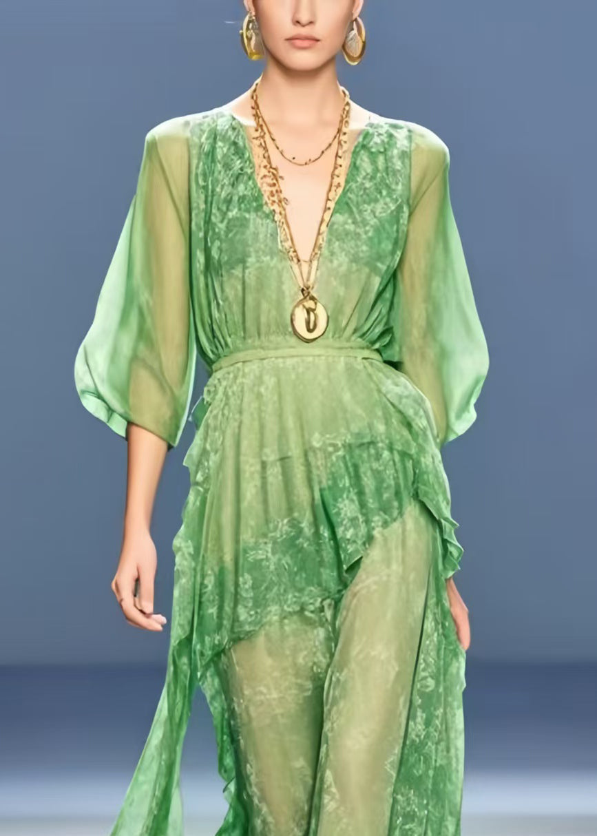 Handmade Grass Green Cinched Print Chiffon Long Dress Summer