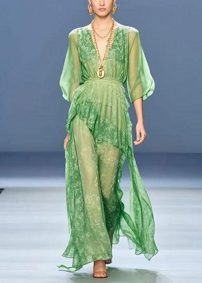 Handmade Grass Green Cinched Print Chiffon Long Dress Summer