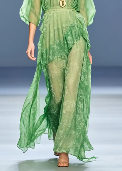 Handmade Grass Green Cinched Print Chiffon Long Dress Summer