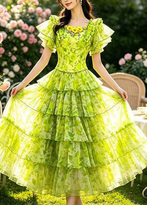 Handmade Grass Green Ruffled Print Tulle Two Pieces Set Summer