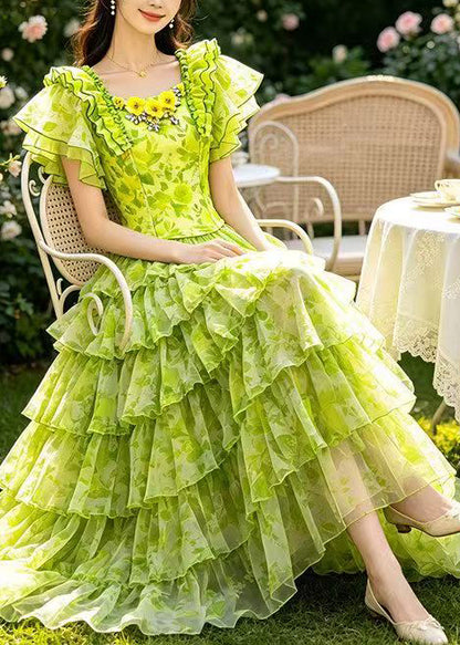 Handmade Grass Green Ruffled Print Tulle Two Pieces Set Summer