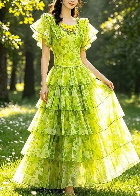 Handmade Grass Green Ruffled Print Tulle Two Pieces Set Summer