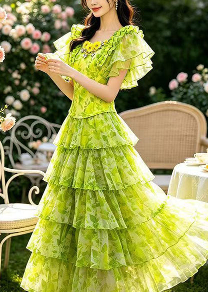 Handmade Grass Green Ruffled Print Tulle Two Pieces Set Summer
