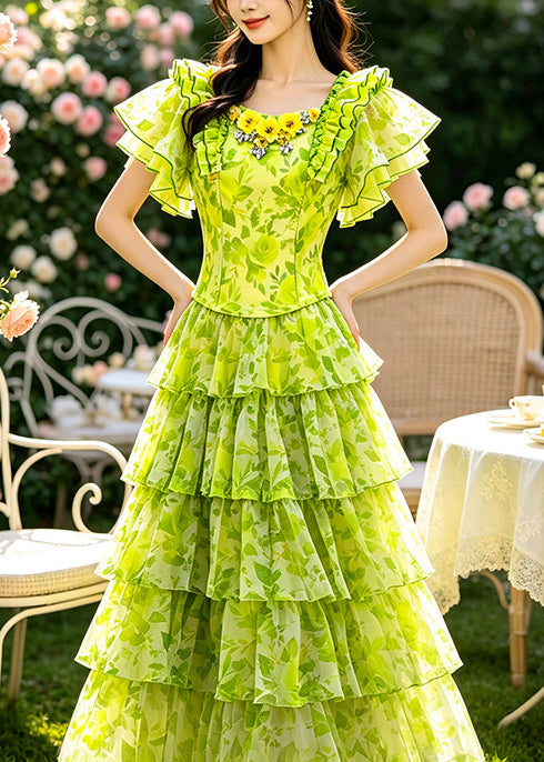 Handmade Grass Green Ruffled Print Tulle Two Pieces Set Summer
