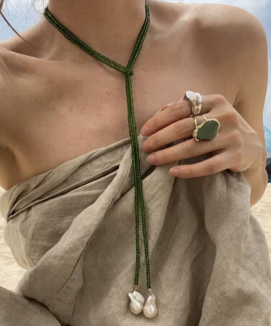 Handmade Green Alloy Crystal Pearl Beading Graduated Bead Necklace