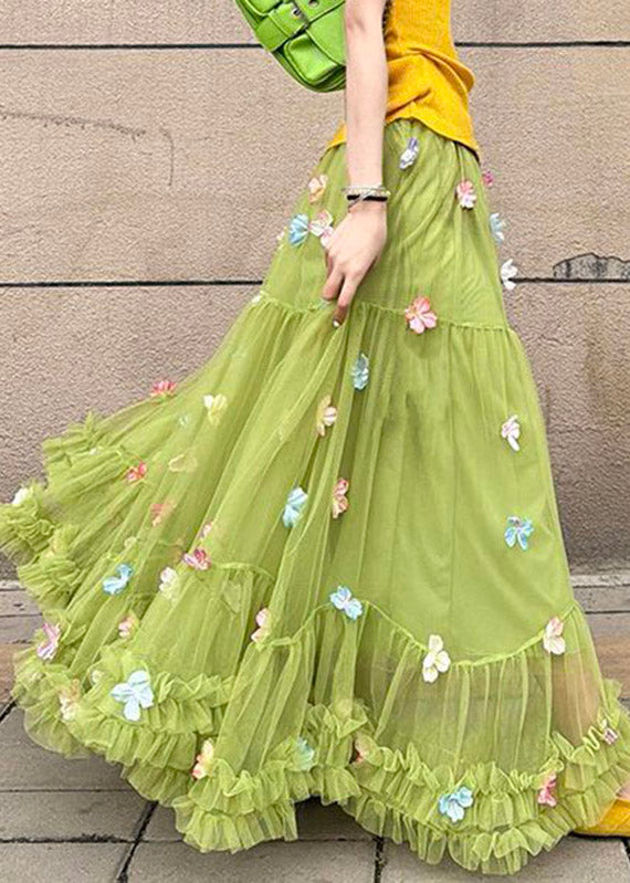 Handmade Green High Waist Patchwork Tulle A Line Skirts Skirt