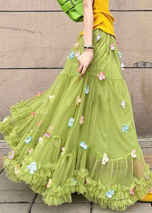 Handmade Green High Waist Patchwork Tulle A Line Skirts Skirt