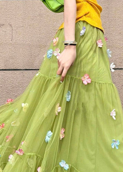 Handmade Green High Waist Patchwork Tulle A Line Skirts Skirt